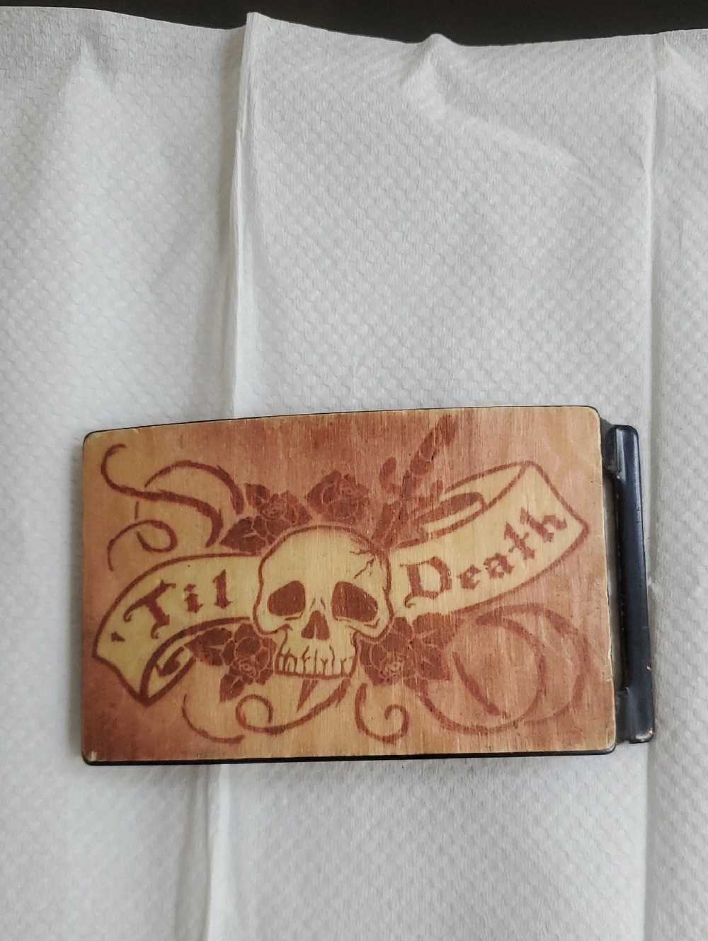 'Til Death Skull Engraved Wooden Belt Buckle - Brown